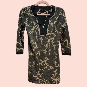 J. Mclaughlin Metallic Coral Print Cotton Blend 3/4 Sleeve Tunic Top Size XS